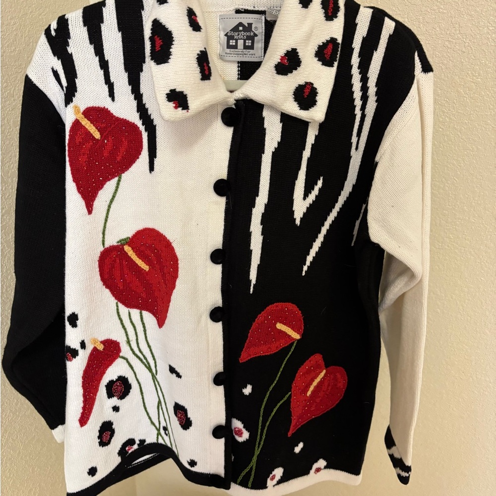 Storybook Knits Colorblock Collared Cardigan w/ Red Anthurium Flower – Size L